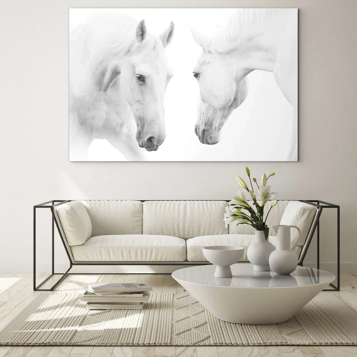 Glass picture - Two white horses facing each other against a light background - 70x50cm - Is this friendship…? - Modern wall decoration for the living room and bedroom ARTTOR