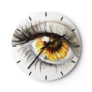 Wall clock - Clock on glass - Artistic eye with a sunflower motif - 30x30cm - Look Hot As a Summer - Modern wall decoration for the living room, kitchen, and bedroom ARTTOR