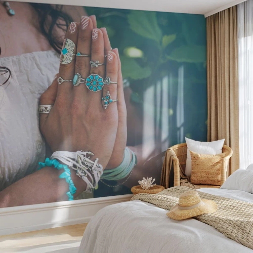 Photo Wallpaper Premium Sand - Welcome to the Centre of Wellbeing - Woman, Jewelry, Boho - 350x256 cm