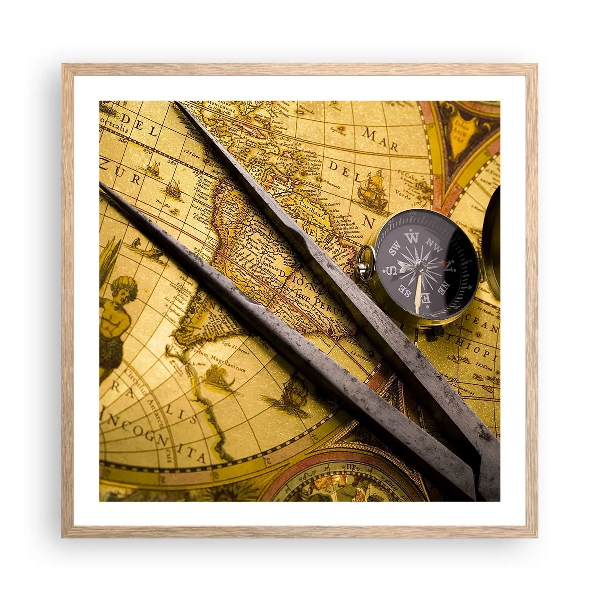 Poster in light oak frame - With a Compass through the Seas - 60x60 cm