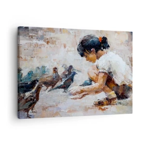 Canvas picture - A girl feeding birds in a painterly style - 70x50cm - The Little Ones - Modern wall decoration for the living room and bedroom ARTTOR