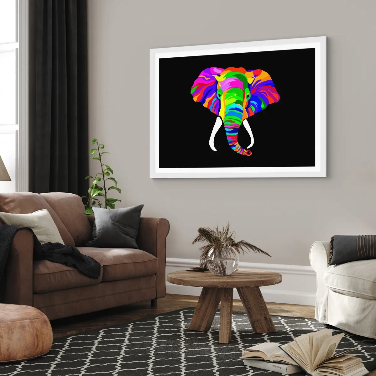 Poster in white frmae - Elephant That Enjoyed Rainbow Bath - 70x50 cm