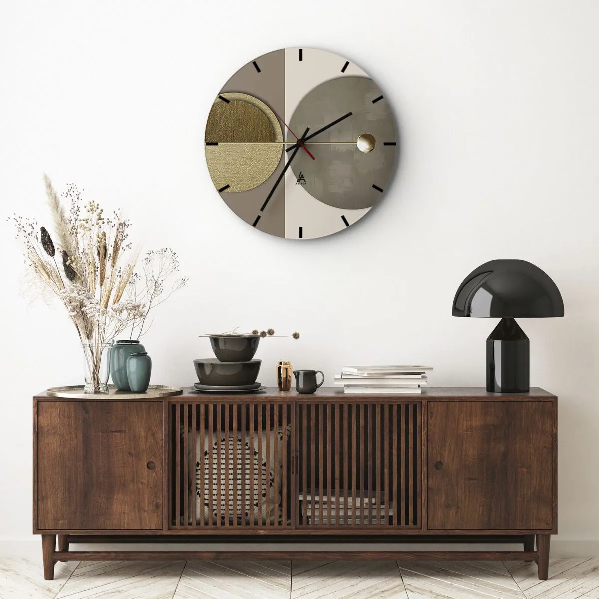 Wall clock - Clock on glass - Gold and beige geometric forms against a contrasting background - 30x30cm - Perfect Balance - Modern wall decoration for the living room, kitchen, and bedroom ARTTOR