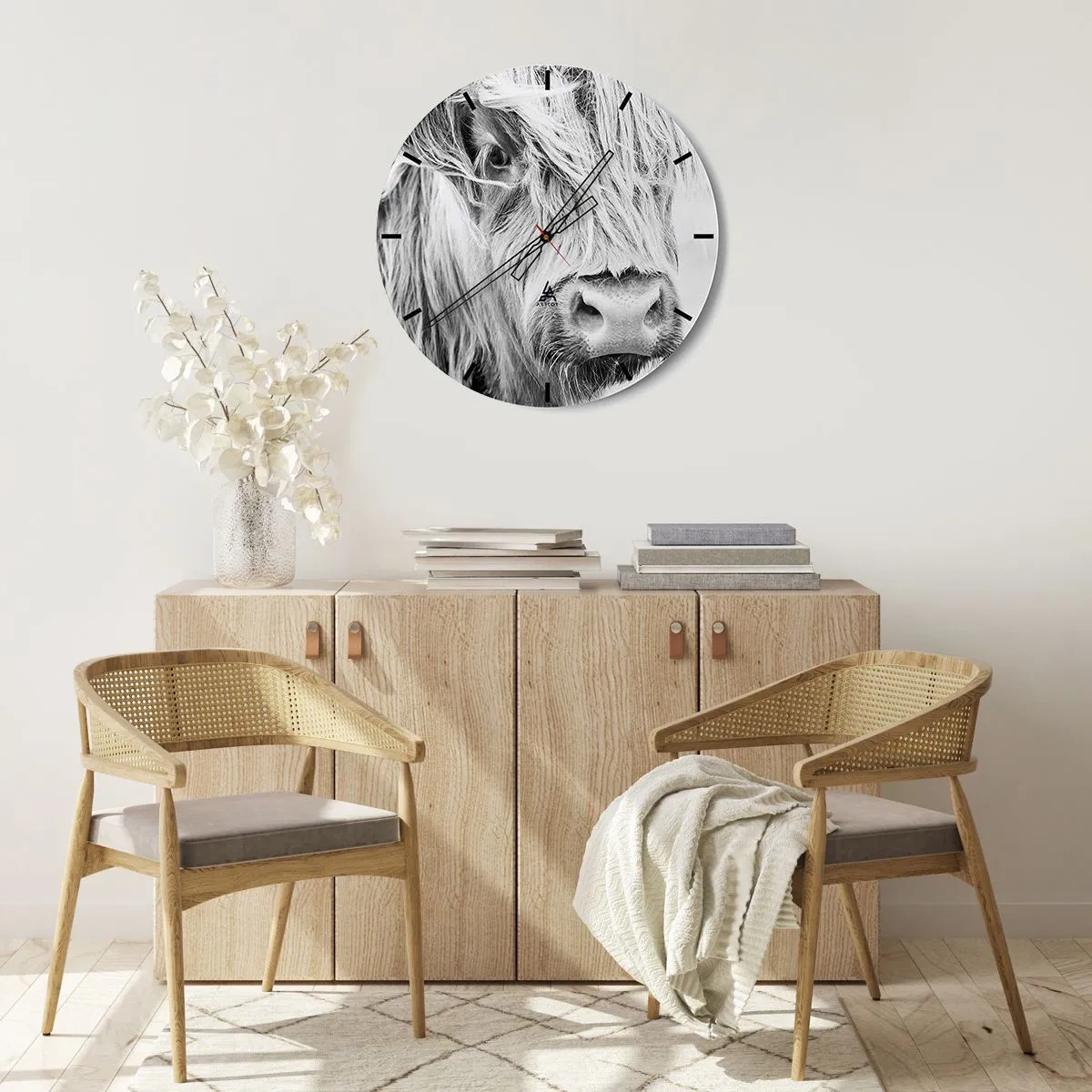 Wall clock - Clock on glass - Portrait of a long-haired Scottish cattle in black and white - 30x30cm - Scottish Wilderness - Modern wall decoration for the living room, kitchen, and bedroom ARTTOR