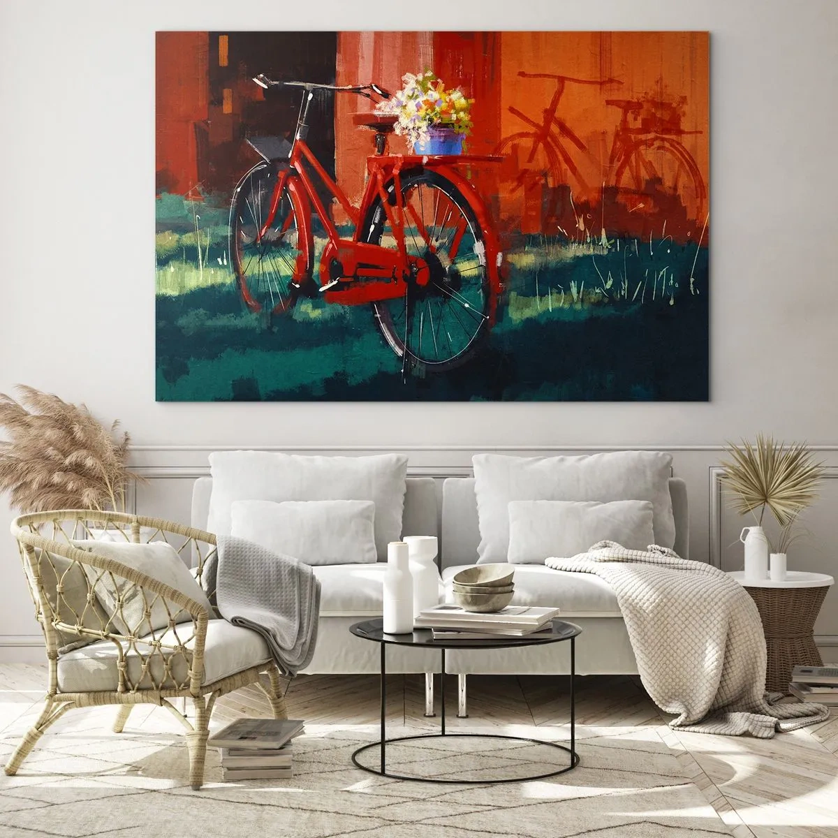Glass picture - A red bicycle with flowers in front of a red building - 70x50cm - I Want to Ride My Bicycle - Modern wall decoration for the living room and bedroom ARTTOR