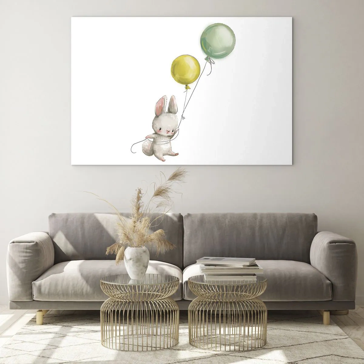 Glass picture - A bunny holding two balloons - 70x50cm - I Will Fly Too! - Modern wall decoration for the living room and bedroom ARTTOR