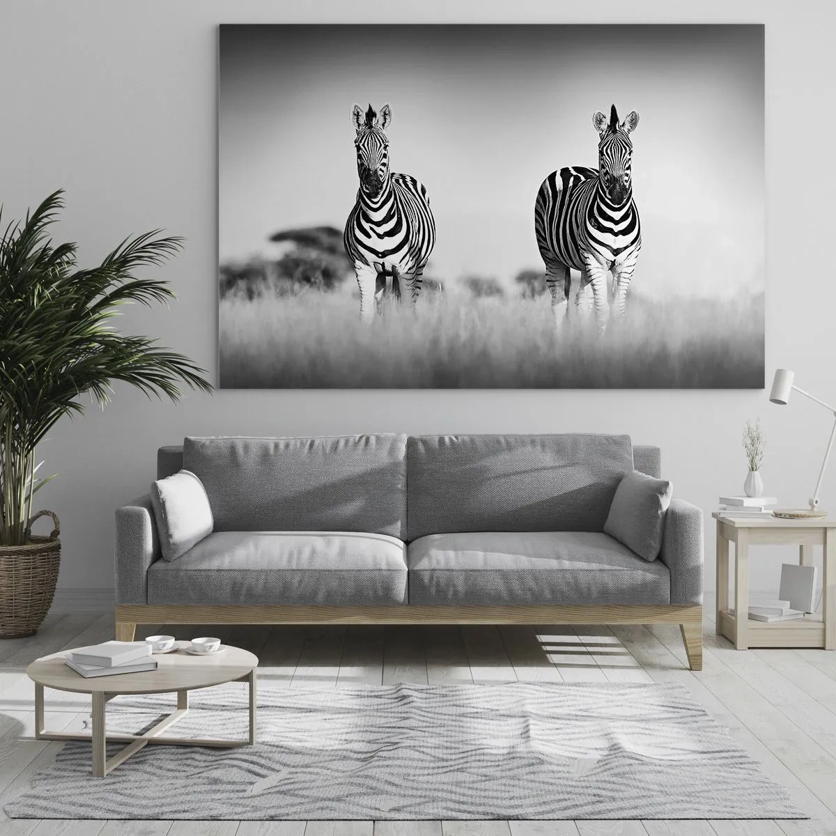 Glass picture - A pair of zebras in a black and white grass background, depicted in their natural habitat. - 70x50cm - After All the World is Black and White - Modern wall decoration for the living room and bedroom ARTTOR