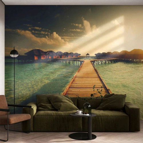 Custom Self-Adhesive Wallpaper Deluxe Sticker - Warm Welcome - Maldives, Landscape, Houses on the Water