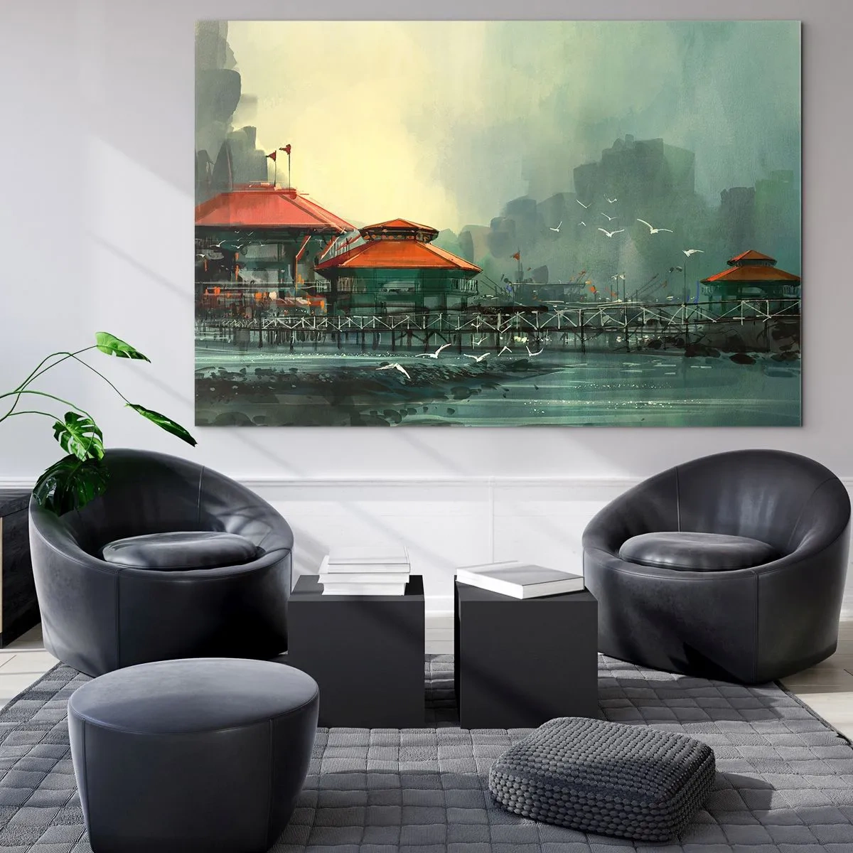 Glass picture - Port buildings with red roofs against the fog - 70x50cm - Gloomy Day at the Port - Modern wall decoration for the living room and bedroom ARTTOR