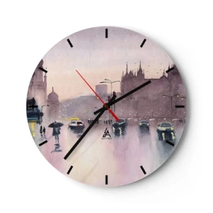 Wall clock - Clock on glass - Rainy street with pedestrians and cars at dusk - 30x30cm - In a Rainy Fog - Modern wall decoration for the living room, kitchen, and bedroom ARTTOR