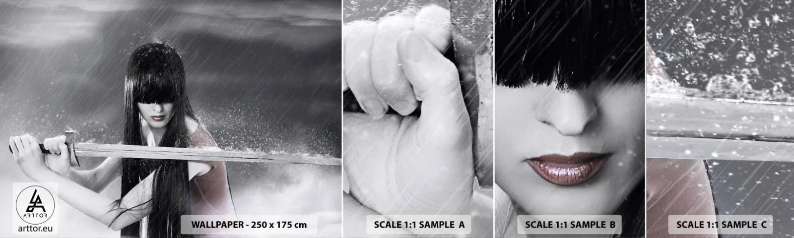 Photo Wallpaper Sample Self-Adhesive Deluxe Sticker - Beautiful and Dangerous - Woman, Sword, Military - 100x30 cm