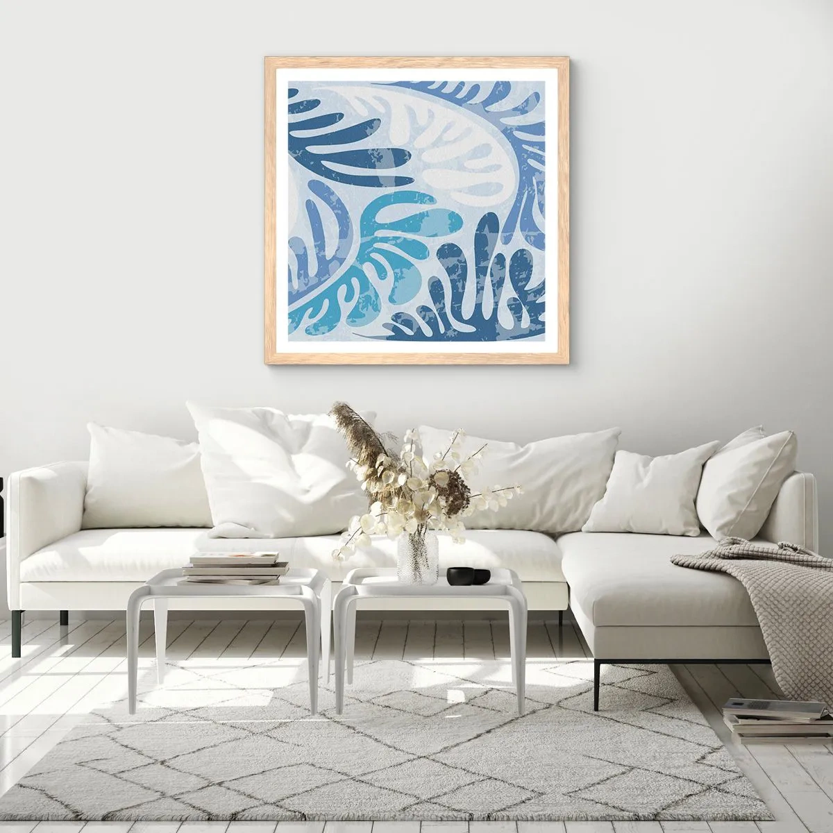 Poster in light oak frame - Blue Ferns - 50x50 cm
