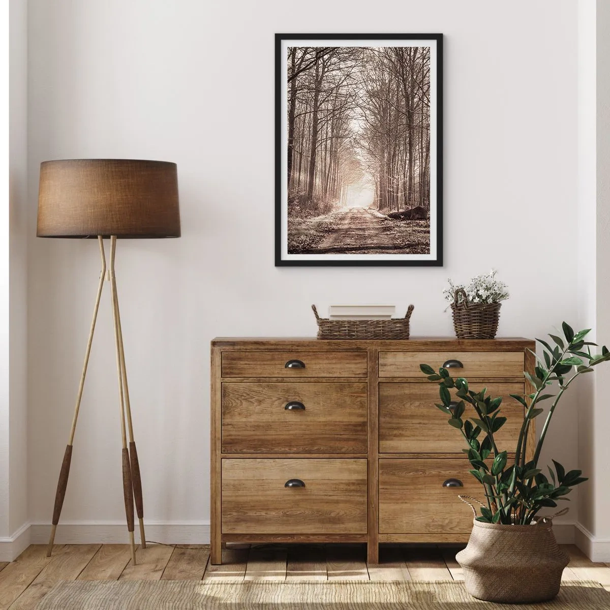 Poster in black frame - forest path in autumnal sepia tones - 50x70cm - Cathedral of the Forest - Modern wall decoration for the living room and bedroom ARTTOR
