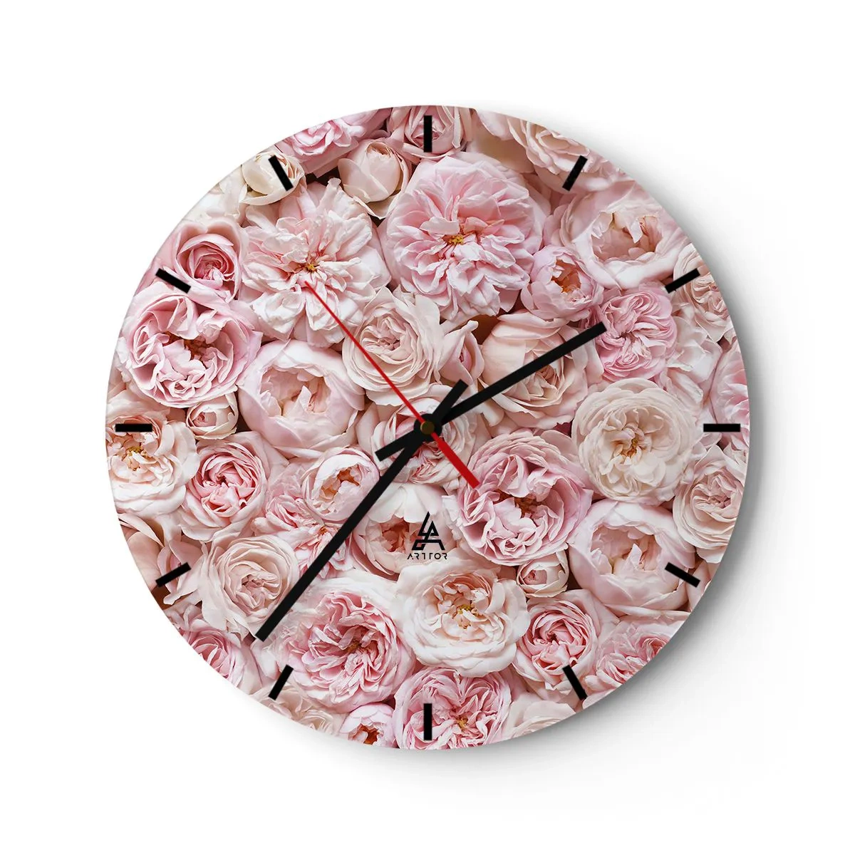 Wall clock - Clock on glass - A dense bouquet of light pink roses in full bloom - 30x30cm - Decked with Roses - Modern wall decoration for the living room, kitchen, and bedroom ARTTOR