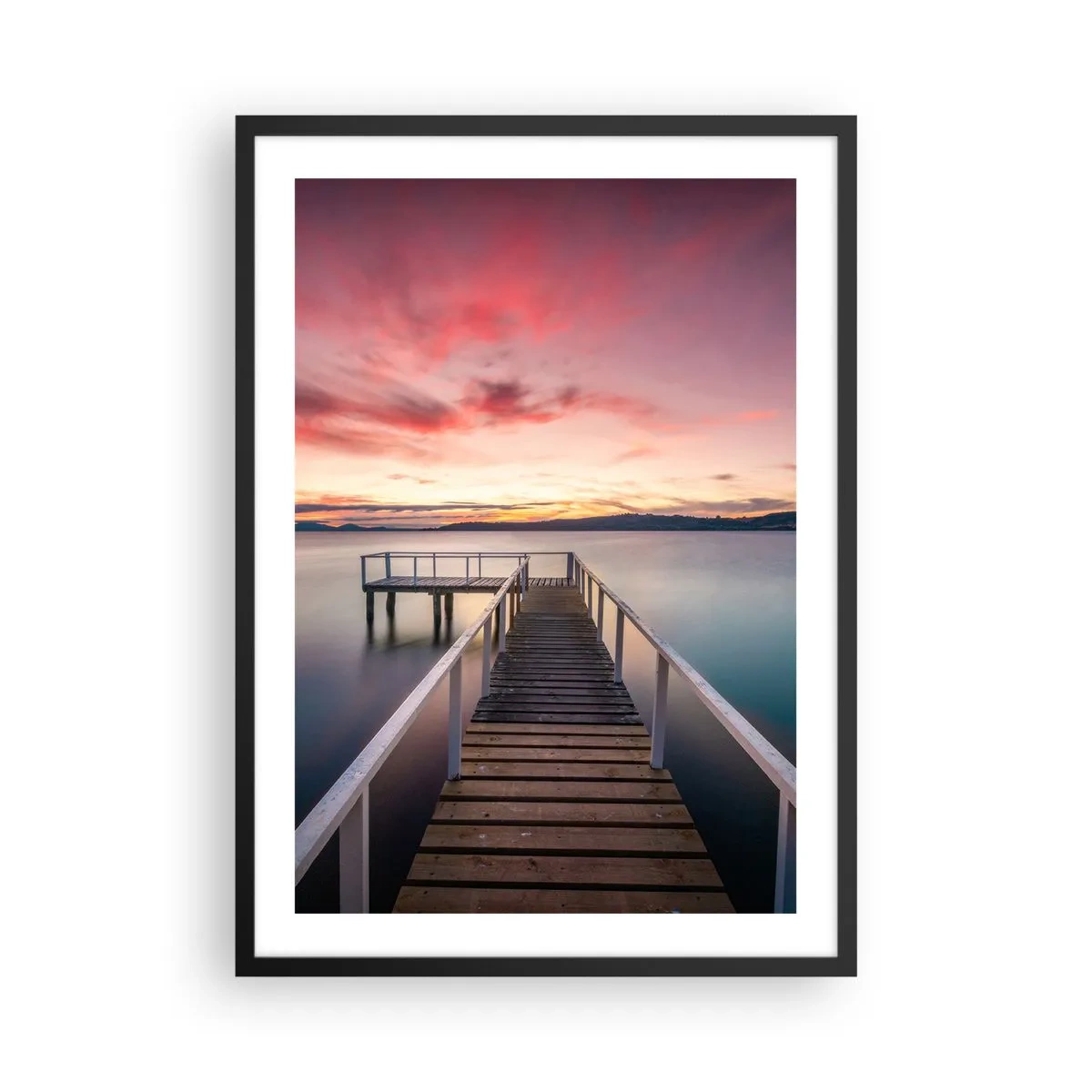Poster in black frame - A pier on the lake in the light of the setting sun - 50x70cm - Mild Flame of an Evening - Modern wall decoration for the living room and bedroom ARTTOR
