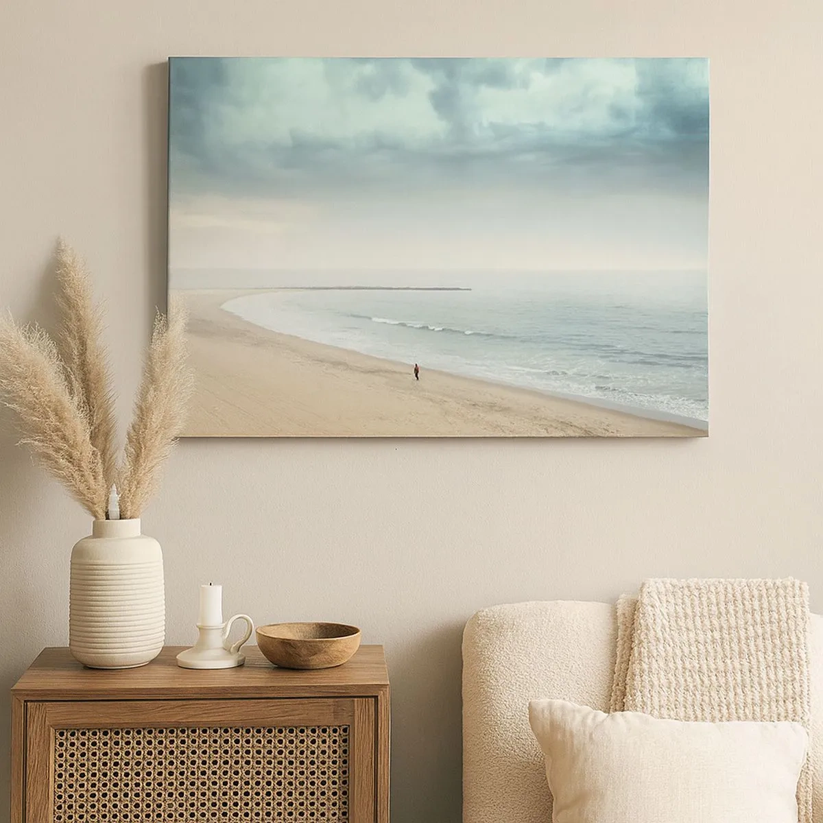 Canvas picture - A lonely figure on a deserted beach by a calm sea - 70x50cm - In Search of Quiet - Modern wall decoration for the living room and bedroom ARTTOR