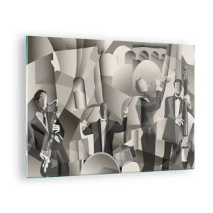 Glass picture - Stylized jazz band stage in monochromatic tones - 70x50cm - In the Space of Sounds - Modern wall decoration for the living room and bedroom ARTTOR