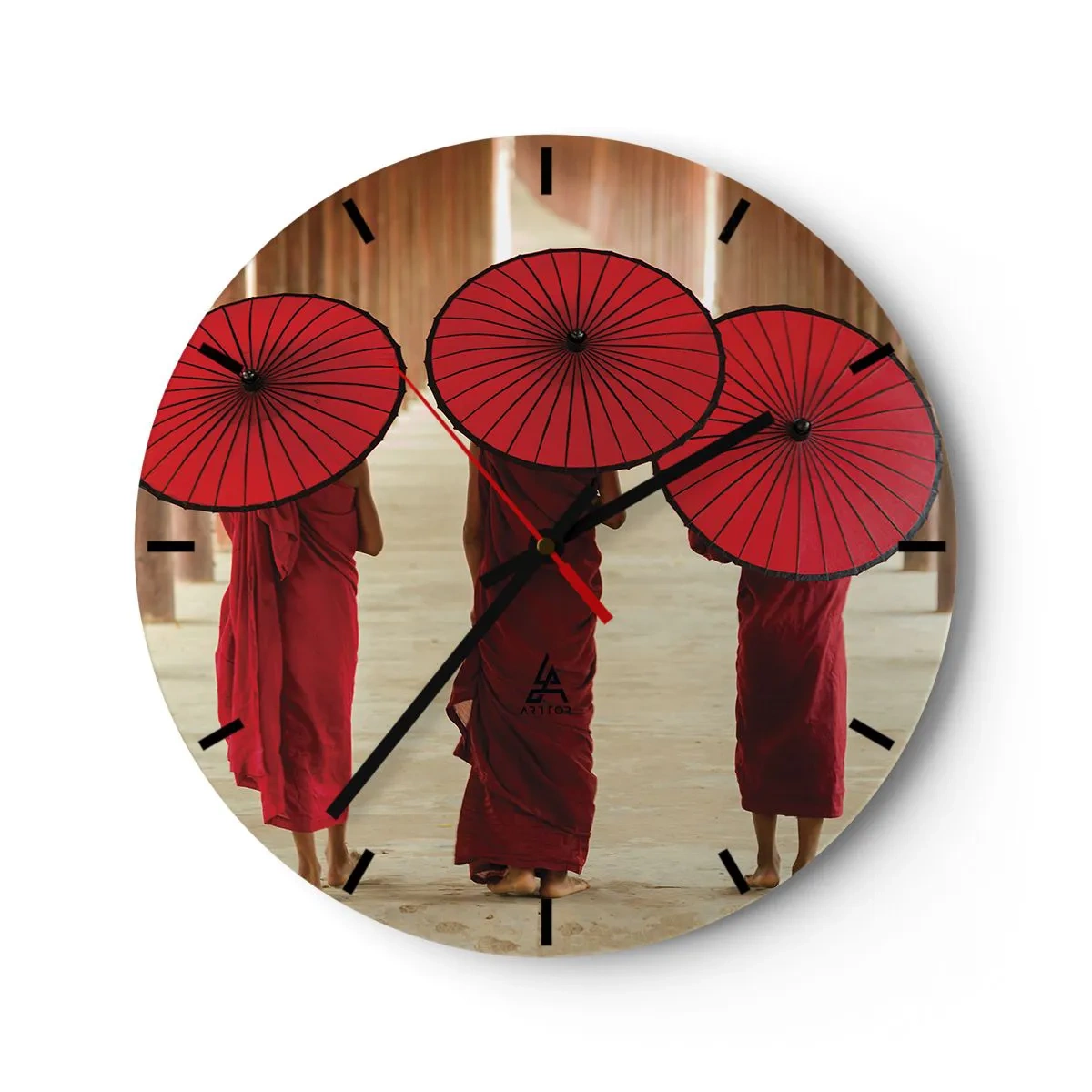 Wall clock - Clock on glass - Three monks in red robes with umbrellas - 30x30cm - On the Way to Pure Country - Modern wall decoration for the living room, kitchen, and bedroom ARTTOR