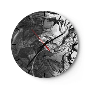 Wall clock - Clock on glass - Black and white abstraction with flowing lines and texture - 30x30cm - Wrapped up in Dreams - Modern wall decoration for the living room, kitchen, and bedroom ARTTOR