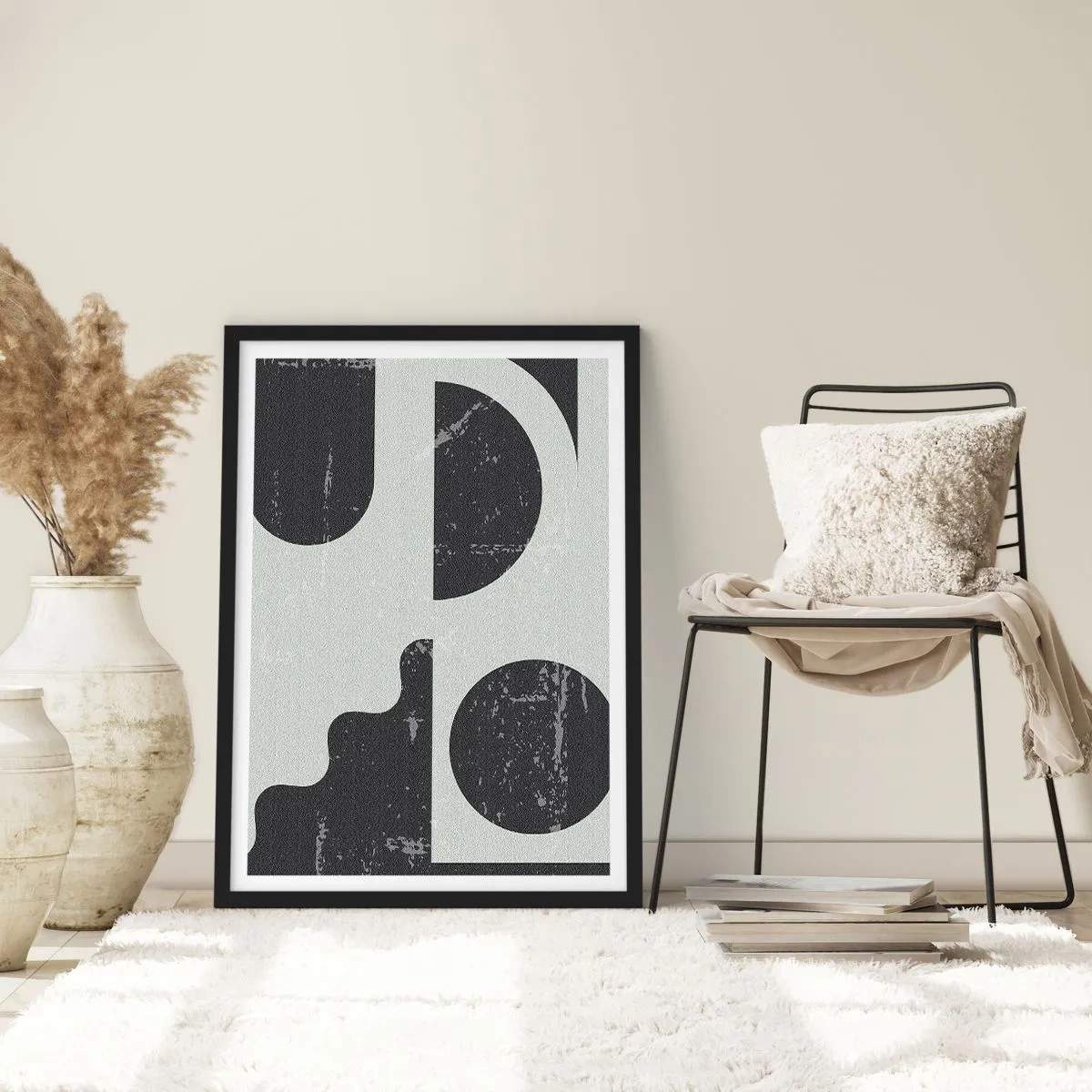 Poster in black frame - Abstract geometric composition in black and gray - 50x70cm - Composition Above and Under - Modern wall decoration for the living room and bedroom ARTTOR