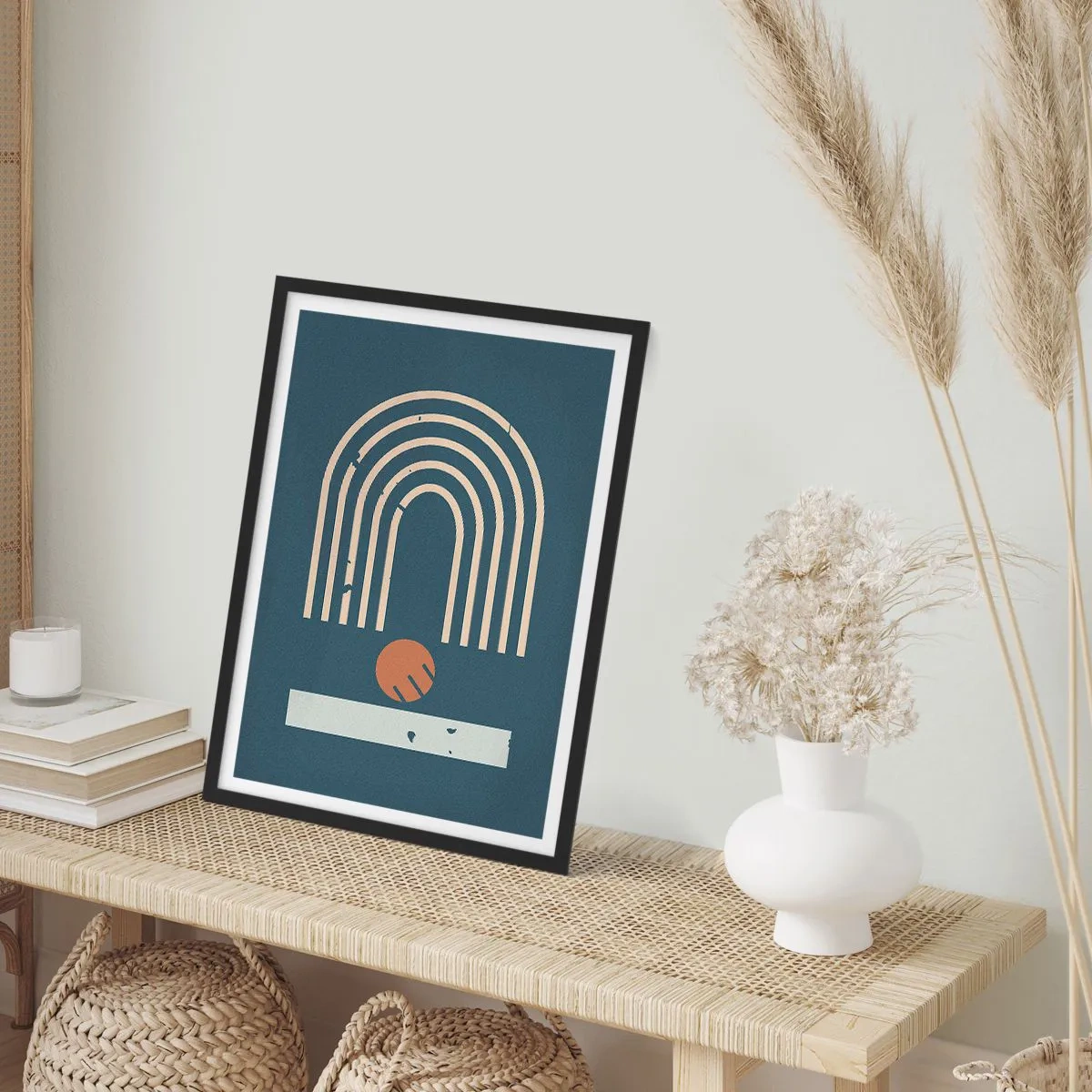 Poster in black frame - Geometric arcs and a sphere on a dark background - 50x70cm - Geometry on Navy Blue - Modern wall decoration for the living room and bedroom ARTTOR