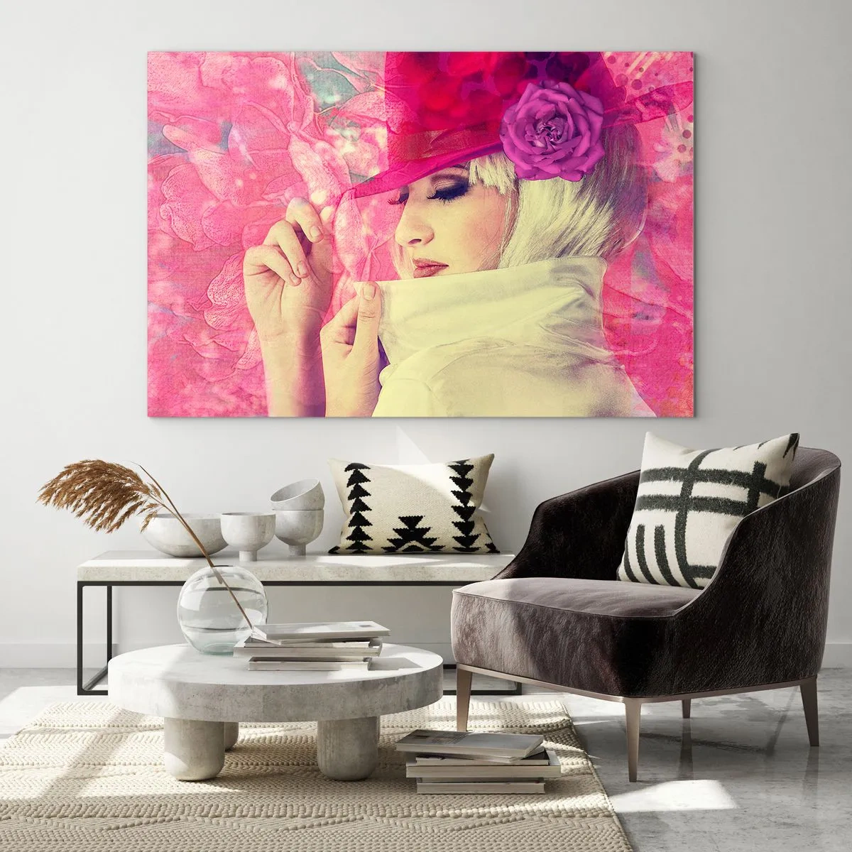 Glass picture - Retro Portrait in Pink - 120x80 cm