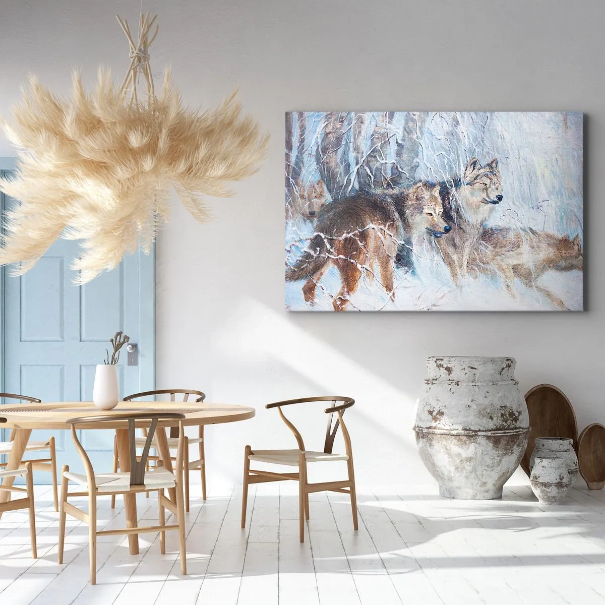 Canvas picture - Wolves in a winter forest against a snowy backdrop - 70x50cm - Watch out! It Is Coming - Modern wall decoration for the living room and bedroom ARTTOR