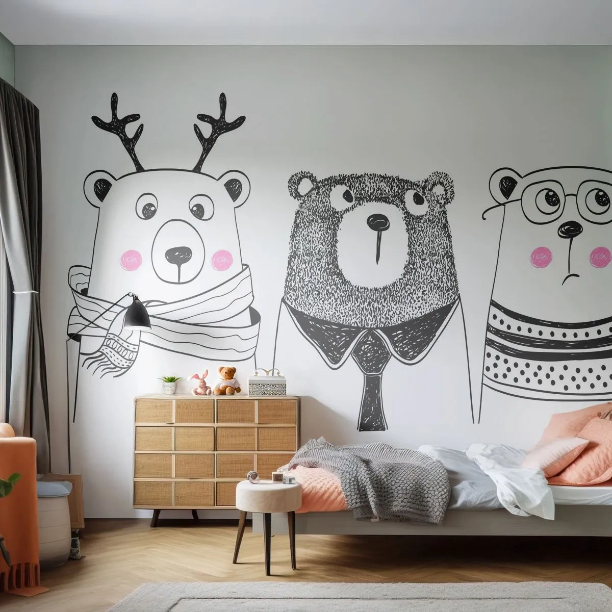 Photo Wallpaper Premium Sand - One Teddy, Two Teddies, Three Teddies - For children, Bear, Illustration - 350x256 cm