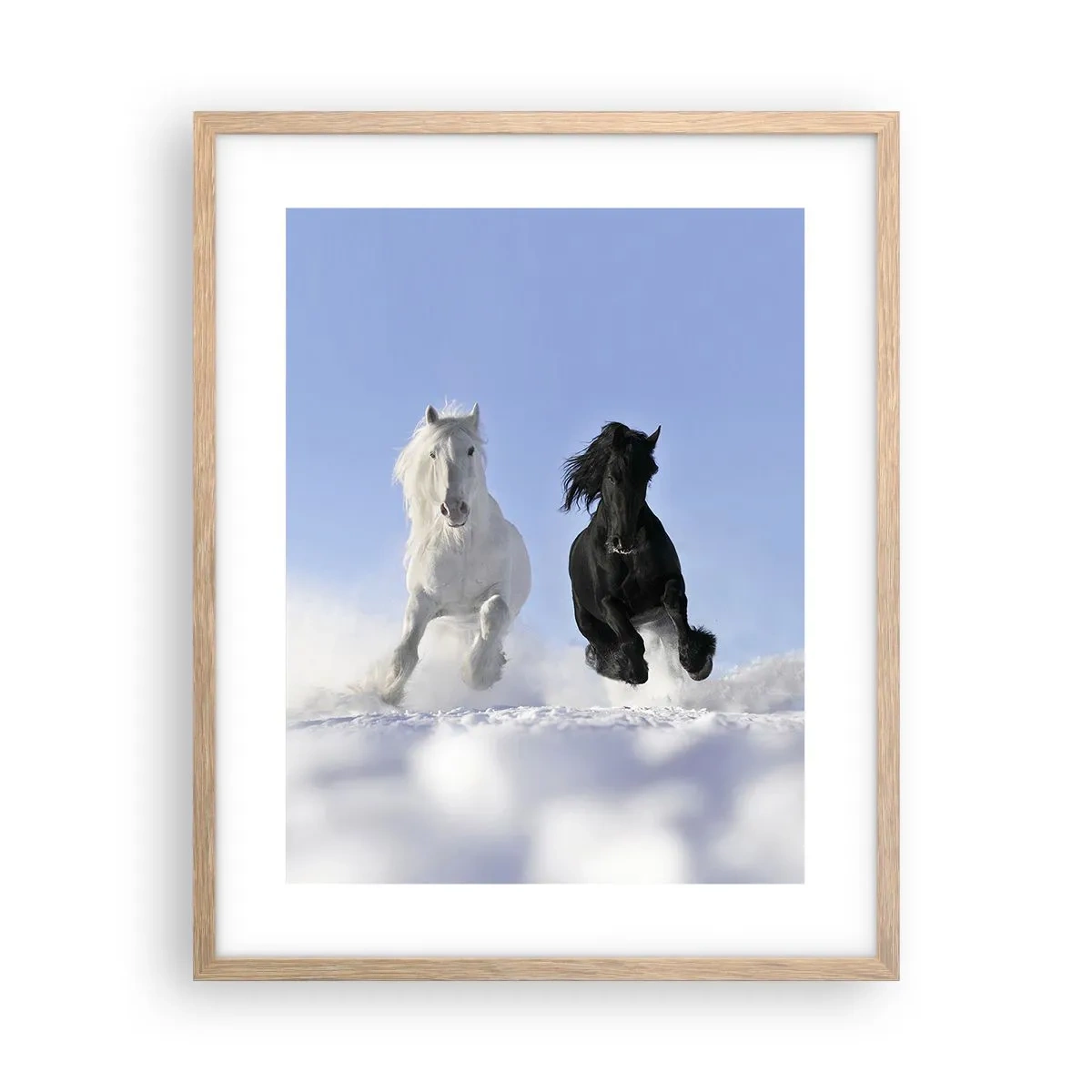 Poster in light oak frame - Black and White Gallop - 40x50 cm