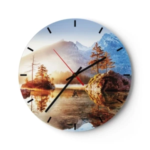 Wall clock - Clock on glass - A mountain lake with islands and trees in the sun's rays - 30x30cm - Nature in New Light - Modern wall decoration for the living room, kitchen, and bedroom ARTTOR