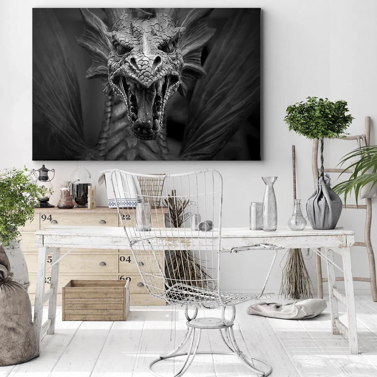 Canvas picture - A menacing dragon head in black and white with expressive details. - 70x50cm - Fairytale Dragon in Grey - Modern wall decoration for the living room and bedroom ARTTOR