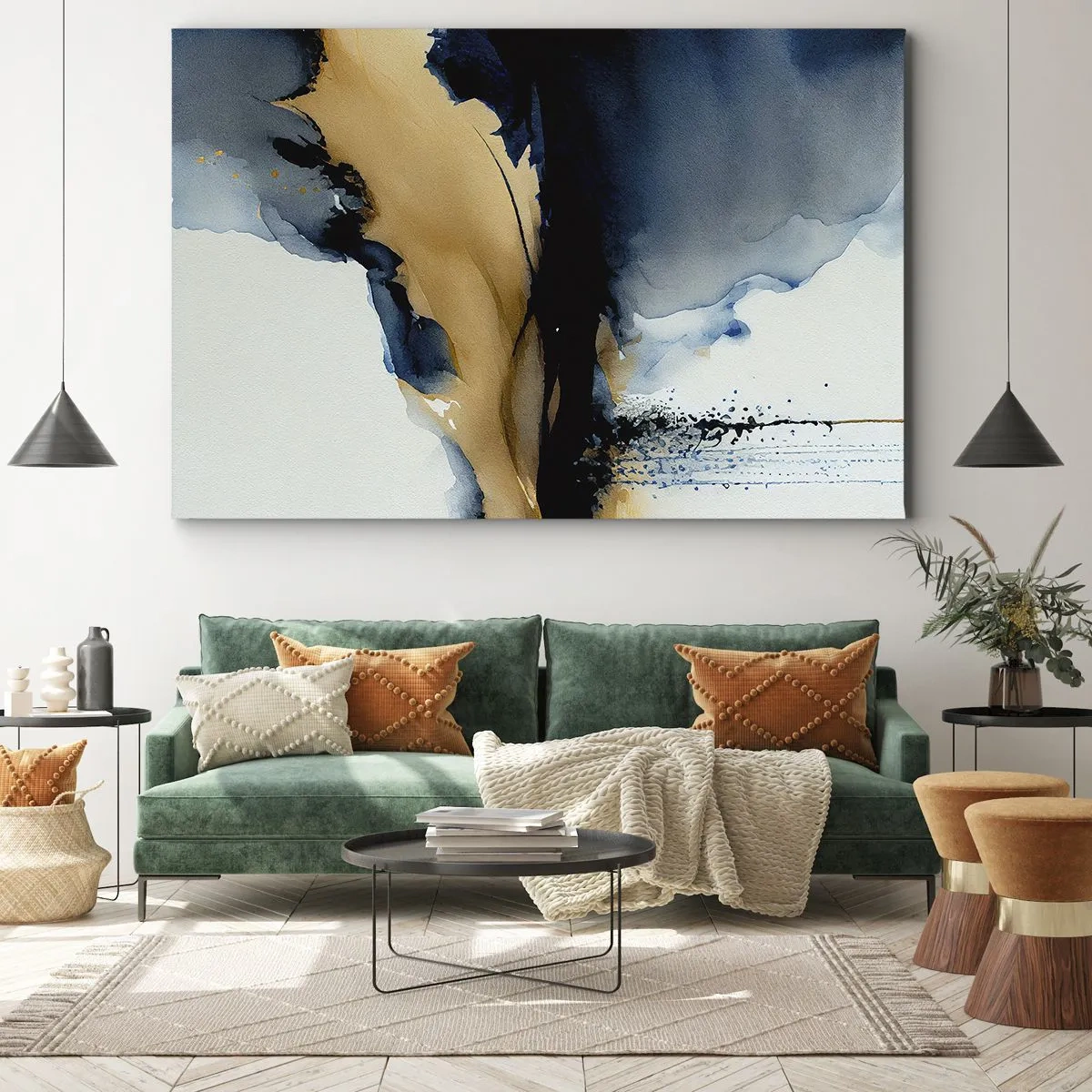 Canvas picture - An abstract composition in shades of navy blue and gold - 70x50cm - Behind the Curtain - Modern wall decoration for the living room and bedroom ARTTOR