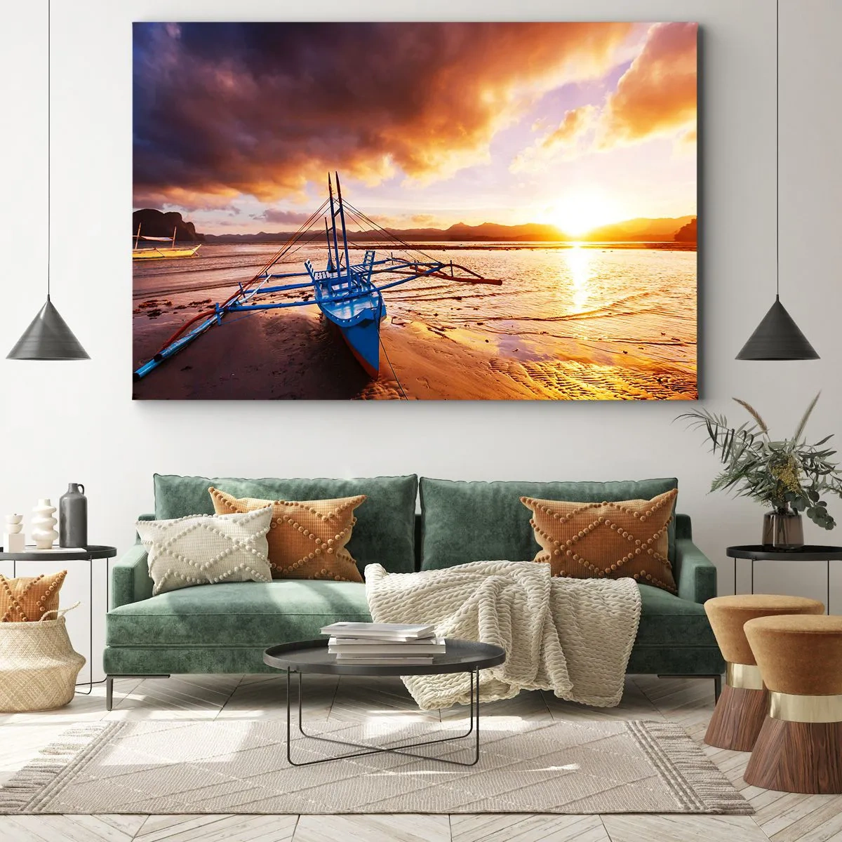 Canvas picture - Blue boat on the beach at sunset - 70x50cm - After a Long Day, Stretching on the Sand - Modern wall decoration for the living room and bedroom ARTTOR
