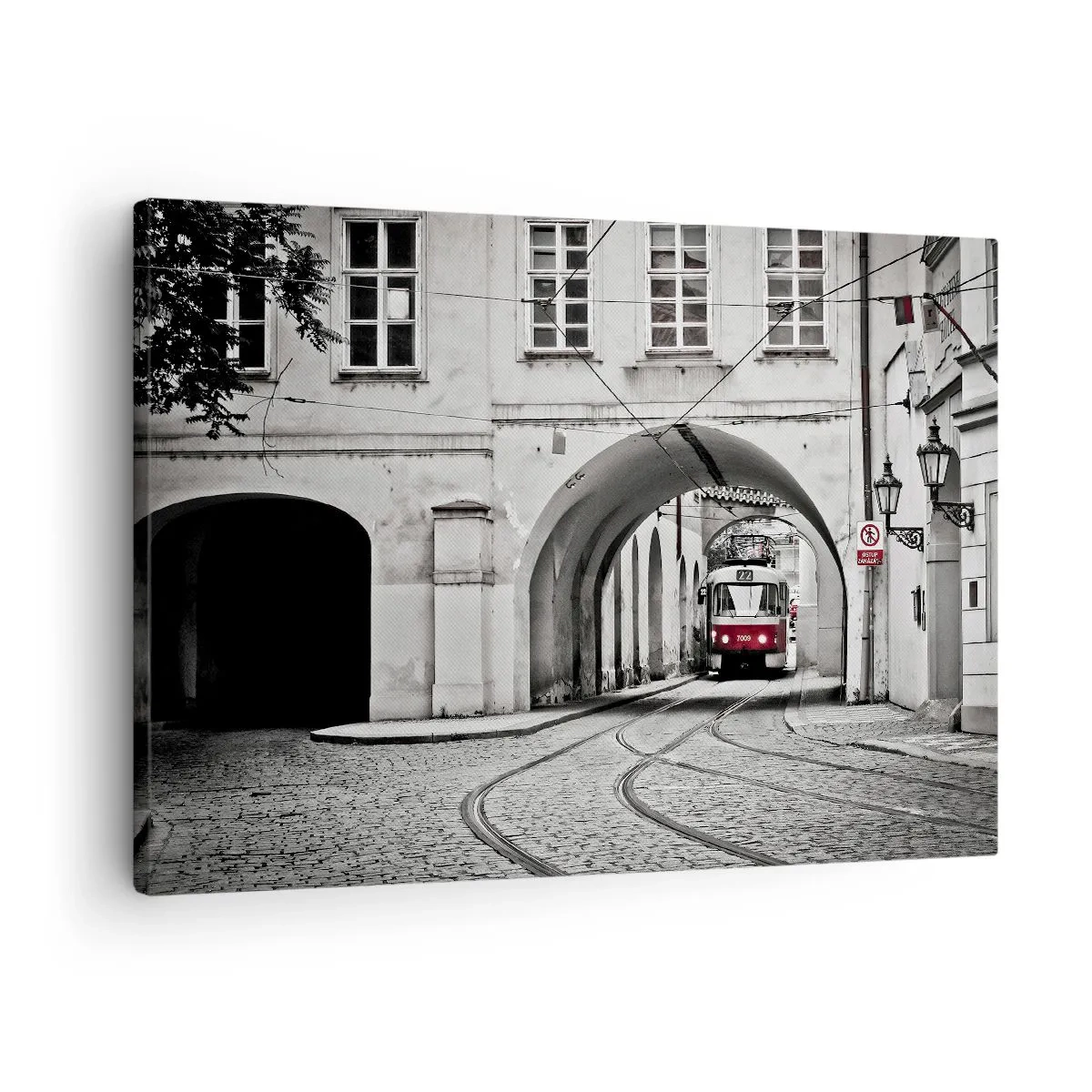 Canvas picture - A black and white tram in a historic city street - 70x50cm - Through City Labirynth - Modern wall decoration for the living room and bedroom ARTTOR