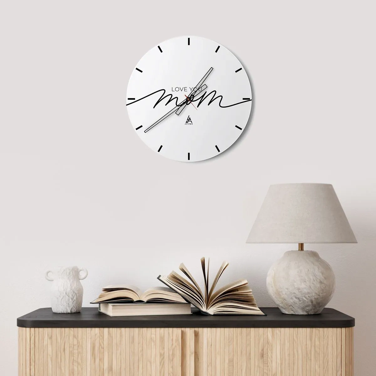 Wall clock - Clock on glass - The inscription Love You Mom on a white background in an elegant style - 30x30cm - Great Emotion - Modern wall decoration for the living room, kitchen, and bedroom ARTTOR