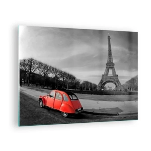 Glass picture - A red car with the Eiffel Tower in the background in a black and white setting - 70x50cm - More Parisian than Paris - Modern wall decoration for the living room and bedroom ARTTOR