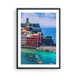 Poster in black frame - A colorful town by the blue sea - 50x70cm - Magical Mediterranean Town - Modern wall decoration for the living room and bedroom ARTTOR