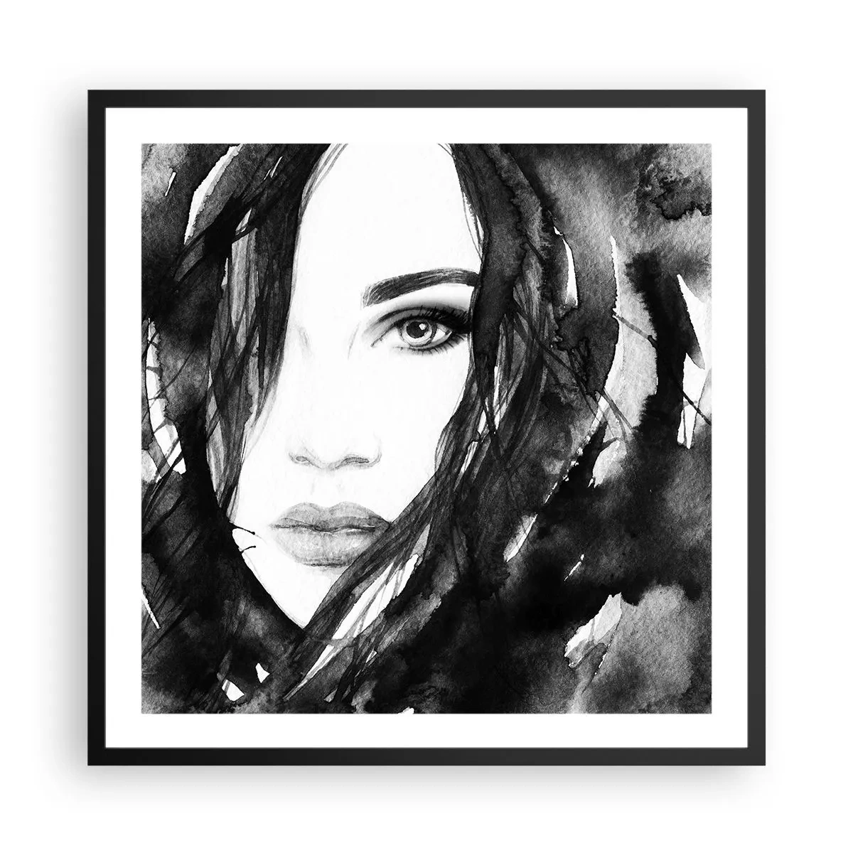 Poster in black frame - Portriat of a Lady in  Black and White - 60x60 cm