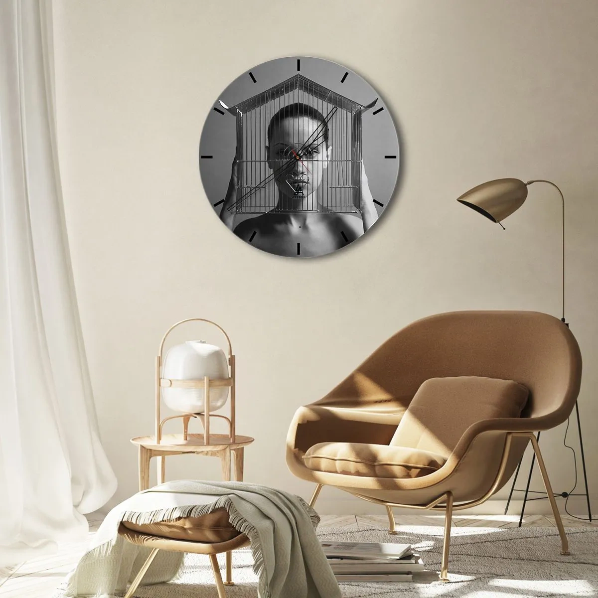 Wall clock - Clock on glass - Woman with a cage on her face in black and white style - 30x30cm - A Bit Surrealistic Portrat - Modern wall decoration for the living room, kitchen, and bedroom ARTTOR