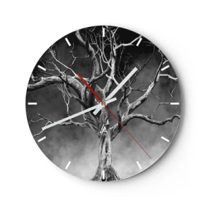 Wall clock - Clock on glass - A dry tree against the backdrop of dark clouds in monochromatic tones - 30x30cm - Primordial and Sacred - Modern wall decoration for the living room, kitchen, and bedroom ARTTOR