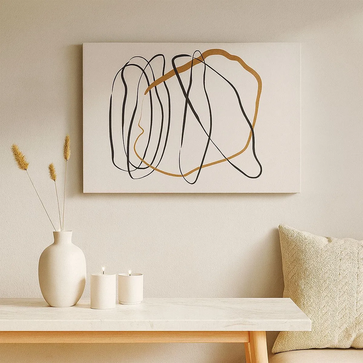 Canvas picture - Artistic lines in black and gold on a light background - 70x50cm - Composition - Dance of Possession - Modern wall decoration for the living room and bedroom ARTTOR