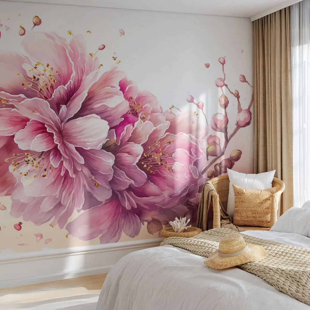 Photo Wallpaper Premium Canvas - Land of Cherry Blossoms - Blooming, Flower, Watercolor - 250x175 cm