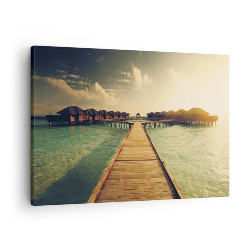 Canvas picture - wooden jetty leading to the houses on the water, illuminated by the sun's rays. - 70x50cm - Warm Welcome - Modern wall decoration for the living room and bedroom ARTTOR