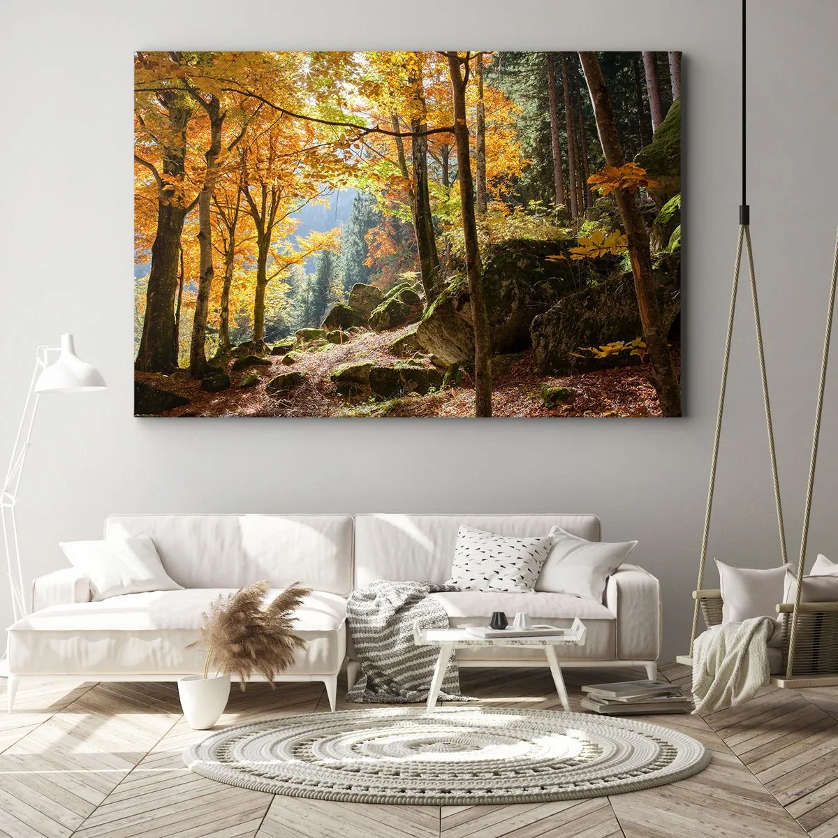 Canvas picture - An autumn forest full of golden leaves and sunlight - 70x50cm - Time for Rest - Modern wall decoration for the living room and bedroom ARTTOR