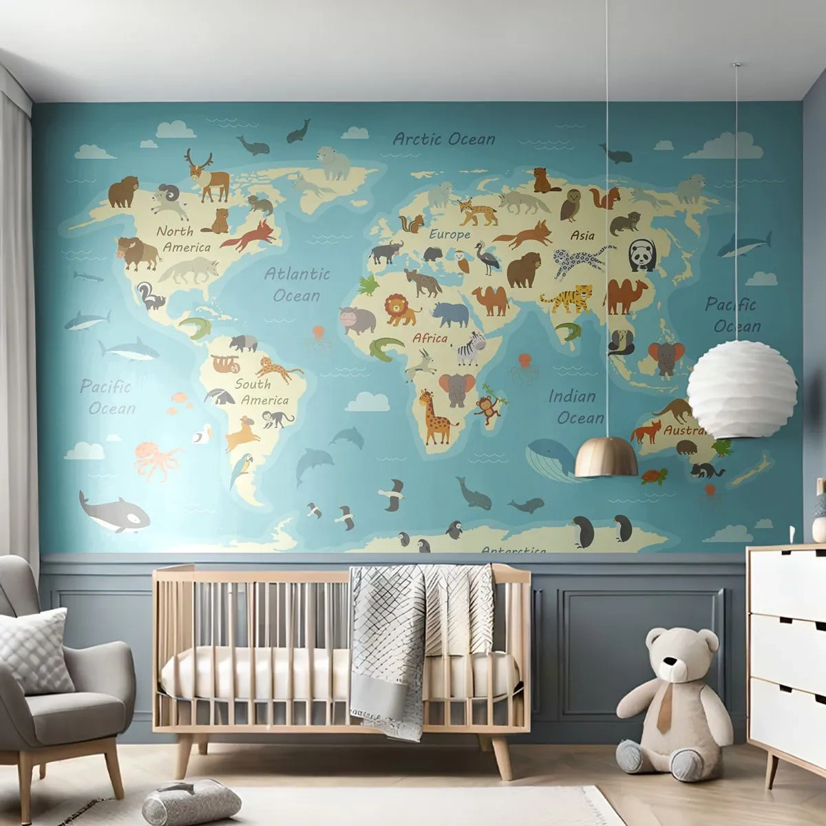 Photo Wallpaper Premium Canvas - Good Neighbours - World map, Map With Animals, Animals - 250x175 cm