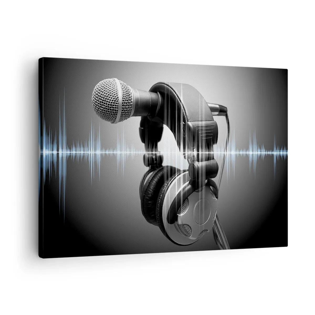 Canvas picture - Microphone and headphones with sound wave visualization in the background - 70x50cm - You Can Still Hear the Singing - Modern wall decoration for the living room and bedroom ARTTOR