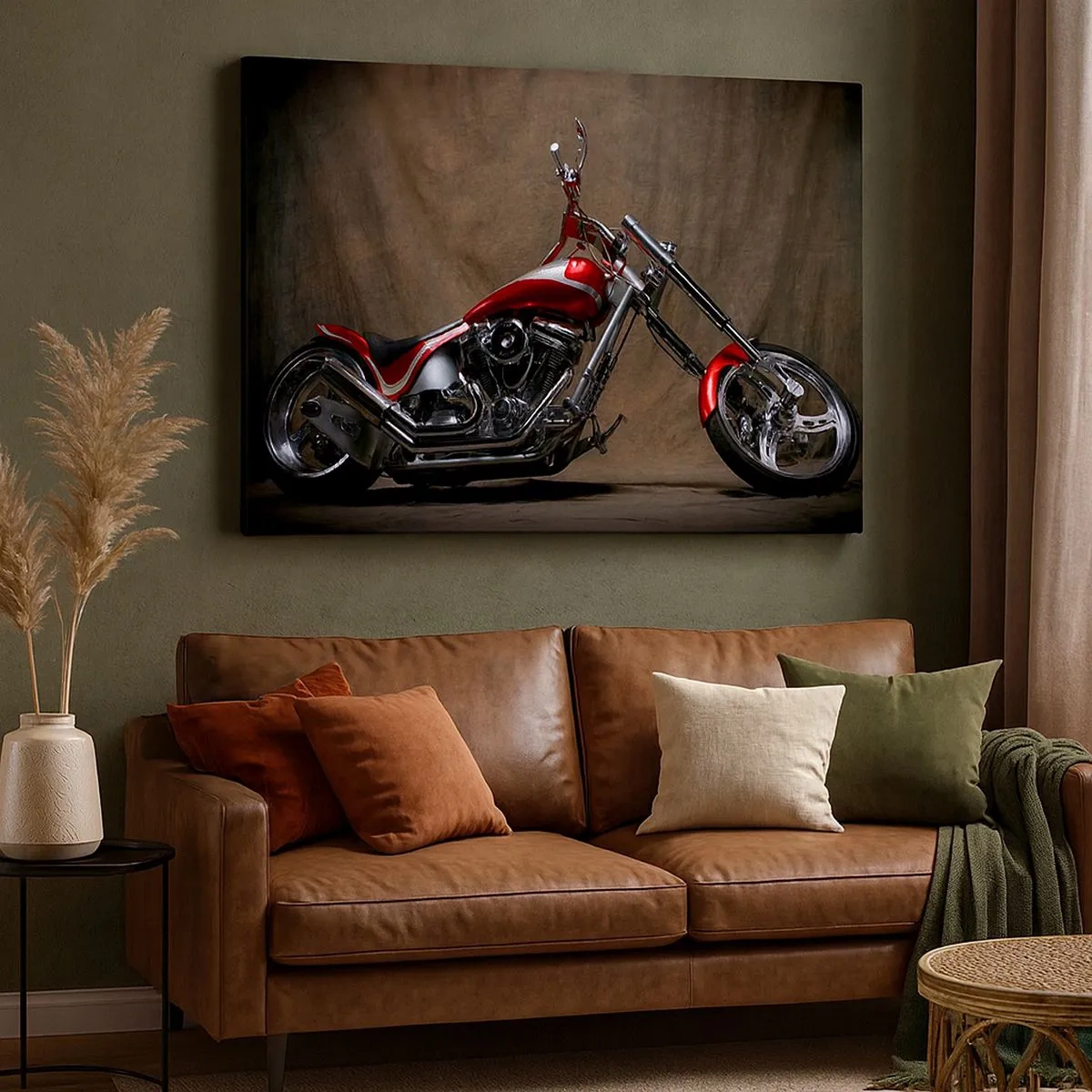 Canvas picture - Red custom motorcycle against a brown fabric background - 70x50cm - Red and Silver Beauty - Modern wall decoration for the living room and bedroom ARTTOR