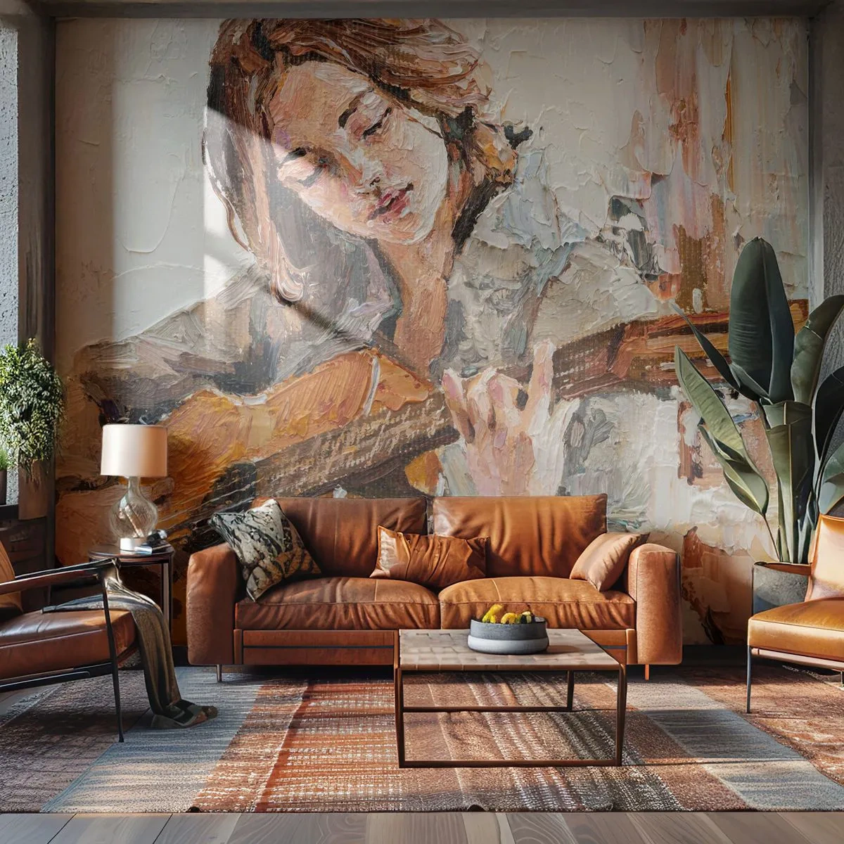 Photo Wallpaper Standard Eco - A girl playing the guitar in a painterly impressionist style. - 100x70cm - Concert for Guitar and Girly Heart - Modern wall decoration for the living room and bedroom ARTTOR
