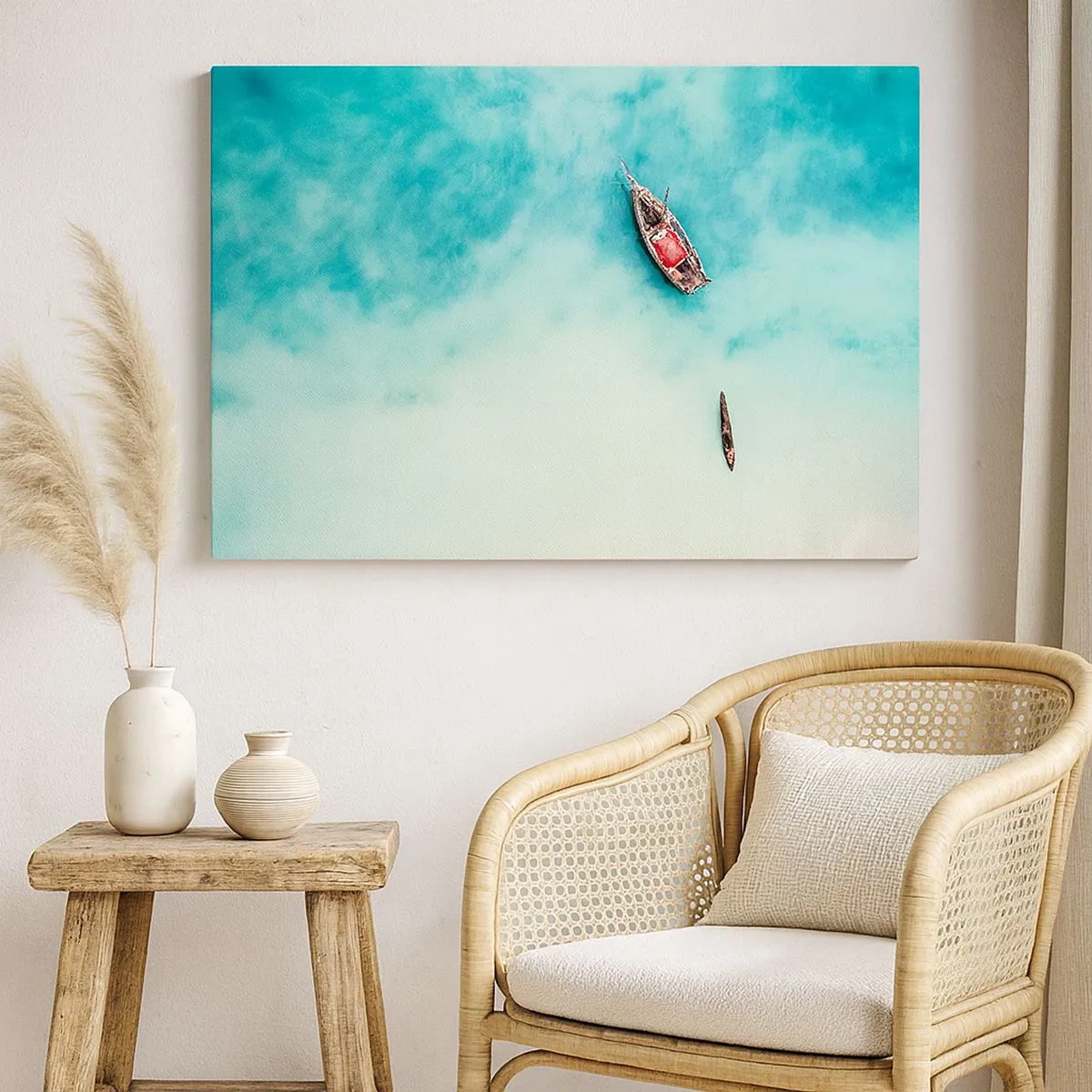 Canvas picture - Boats on turquoise water seen from a bird's eye view - 70x50cm - On the Beaches of Zanzibar, When the Tide Is High - Modern wall decoration for the living room and bedroom ARTTOR