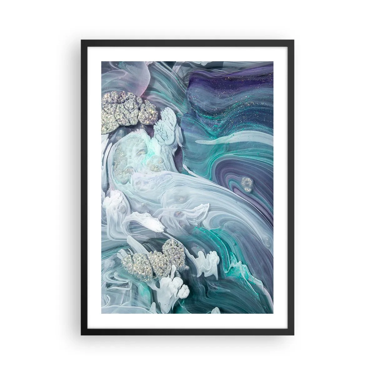 Poster in black frame - An abstract motif with blue and green swirls and textures. - 50x70cm - Currents of Blue - Modern wall decoration for the living room and bedroom ARTTOR